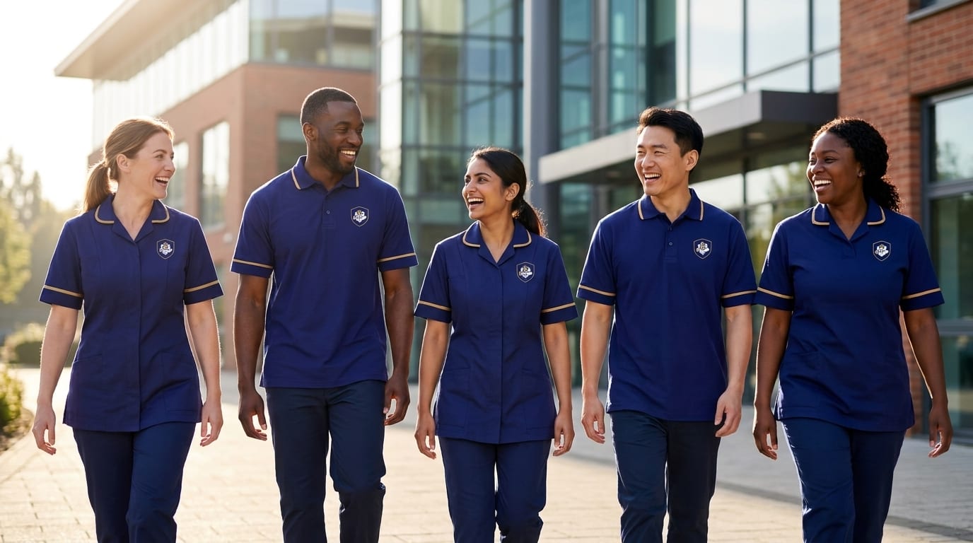 Happy diverse ISS care team in branded navy and gold uniforms walking together, care jobs in South Essex