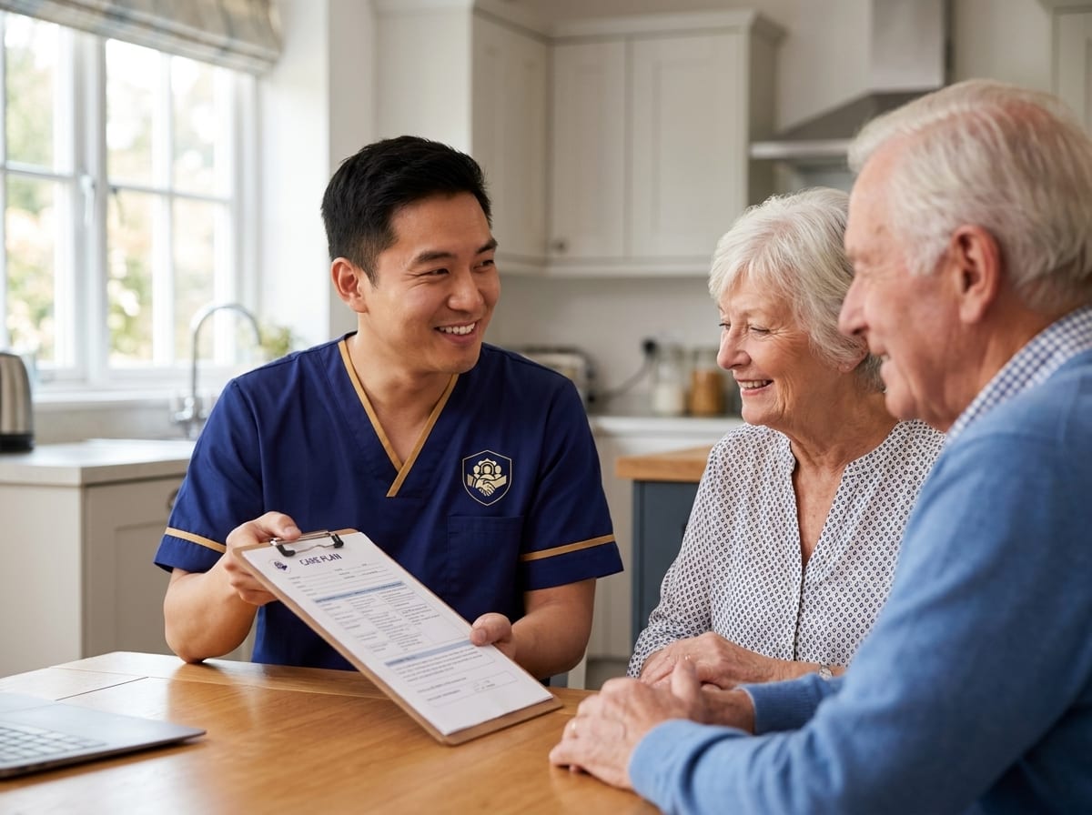 ISS carer discussing a personalised home care plan with an elderly couple during a free care assessment in South Essex