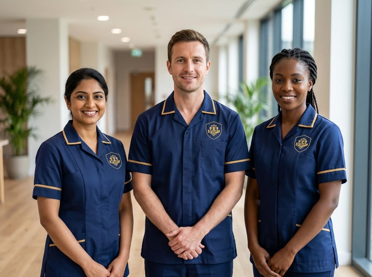 Diverse Integrated Support Services care team in branded navy and gold uniforms, trusted CQC rated Good home care team in Essex