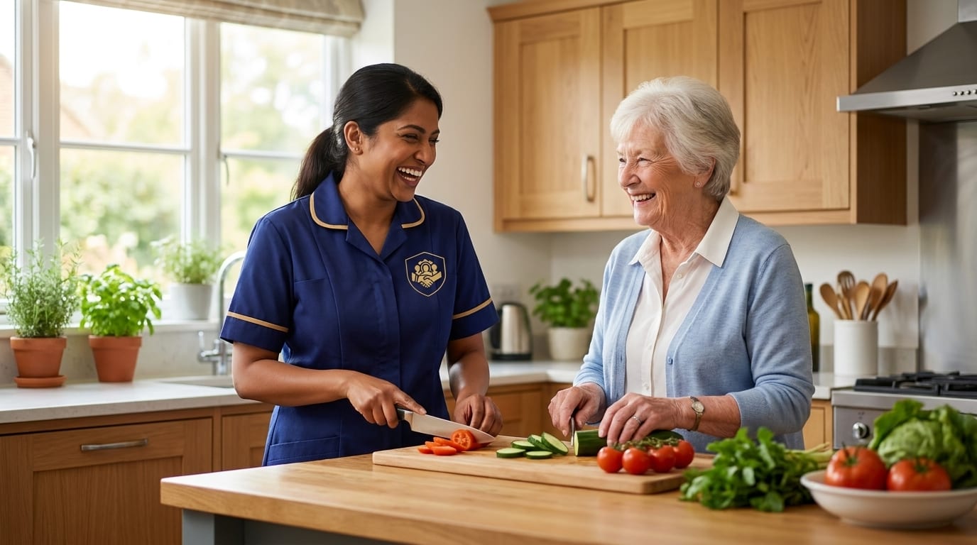 ISS carer in navy and gold uniform preparing a meal with an elderly woman at home, personalised home care services in South Essex