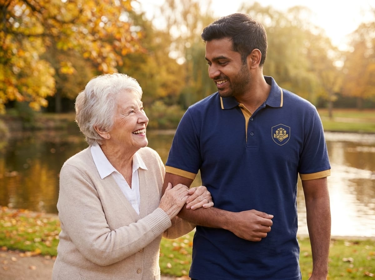 ISS carer accompanying an elderly woman on a park outing, social care and outing support across South Essex