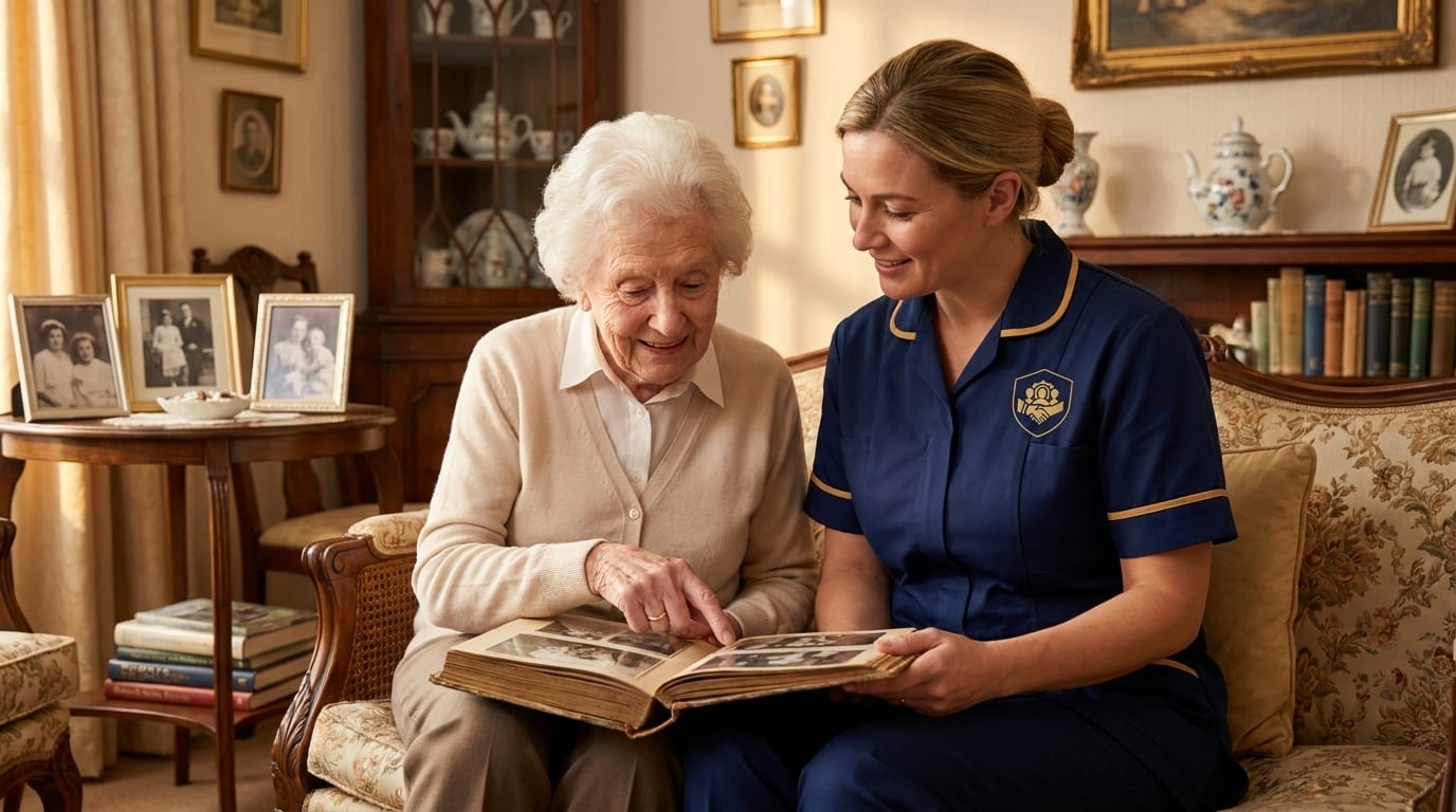 ISS carer in navy and gold uniform sharing family photographs with an elderly woman living with dementia, dementia care at home in South Essex