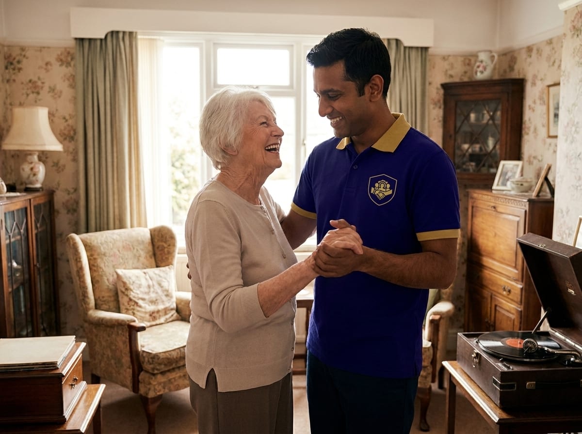 ISS carer enjoying music and gentle movement with an elderly woman during a dementia care visit, meaningful activities in Essex