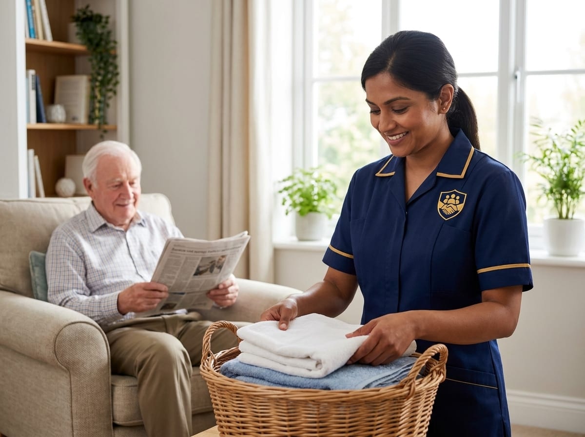 ISS carer folding laundry during a domestic care visit while an elderly man relaxes, housekeeping support at home in Essex
