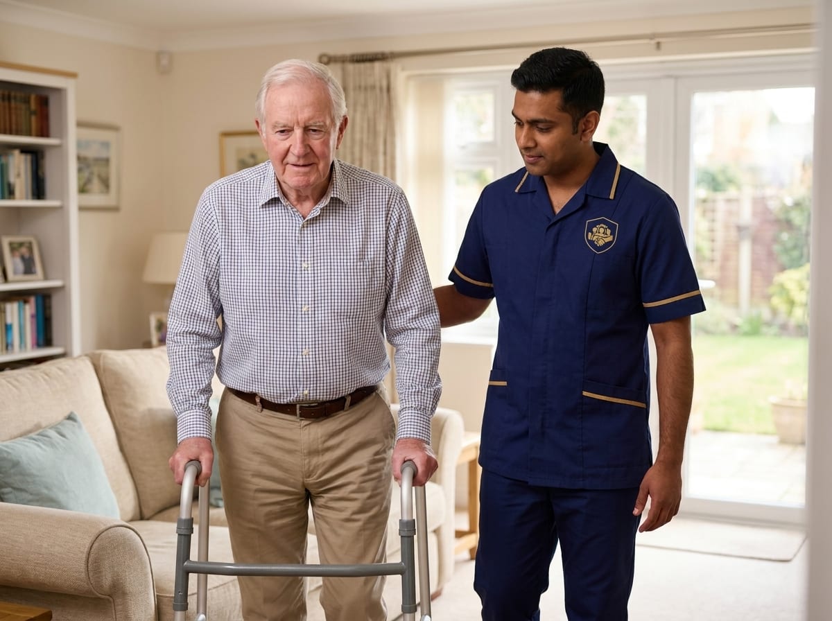 ISS carer supporting an elderly man walking with a frame as he rebuilds confidence after hospital, recovery support at home in Essex