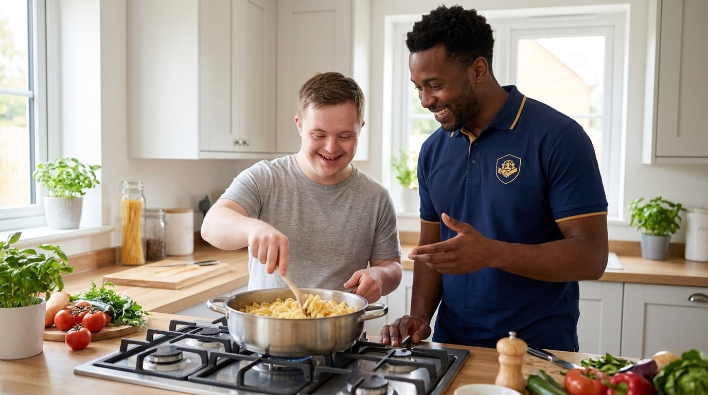 ISS support worker in navy and gold uniform encouraging a young man with a learning disability cooking his own meal, independence support in Essex