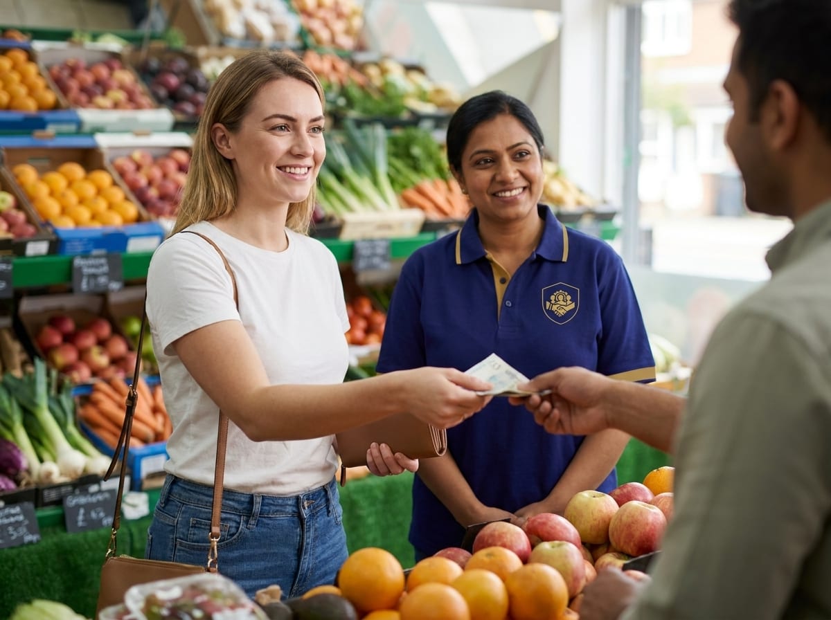 ISS support worker encouraging a young woman doing her own shopping in the community, learning disability support in South Essex
