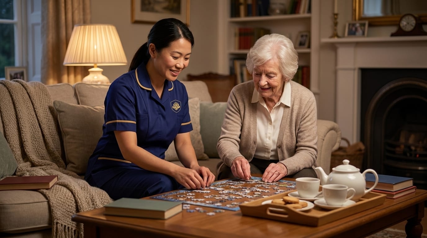 ISS live-in carer in navy and gold uniform relaxing over a jigsaw with an elderly woman at home in the evening, live-in care in Essex