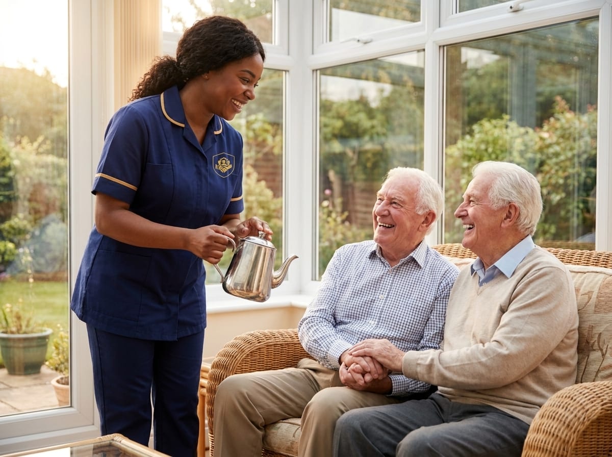 ISS live-in carer serving tea to an elderly couple staying together at home, live-in care for couples in South Essex