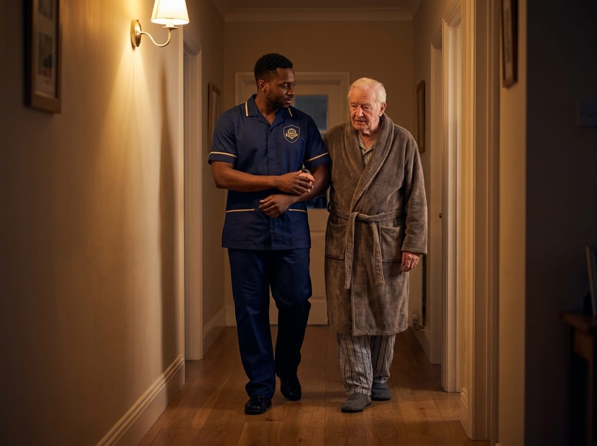 ISS night carer safely guiding an elderly man along the hallway at night, waking night support and fall prevention in Essex