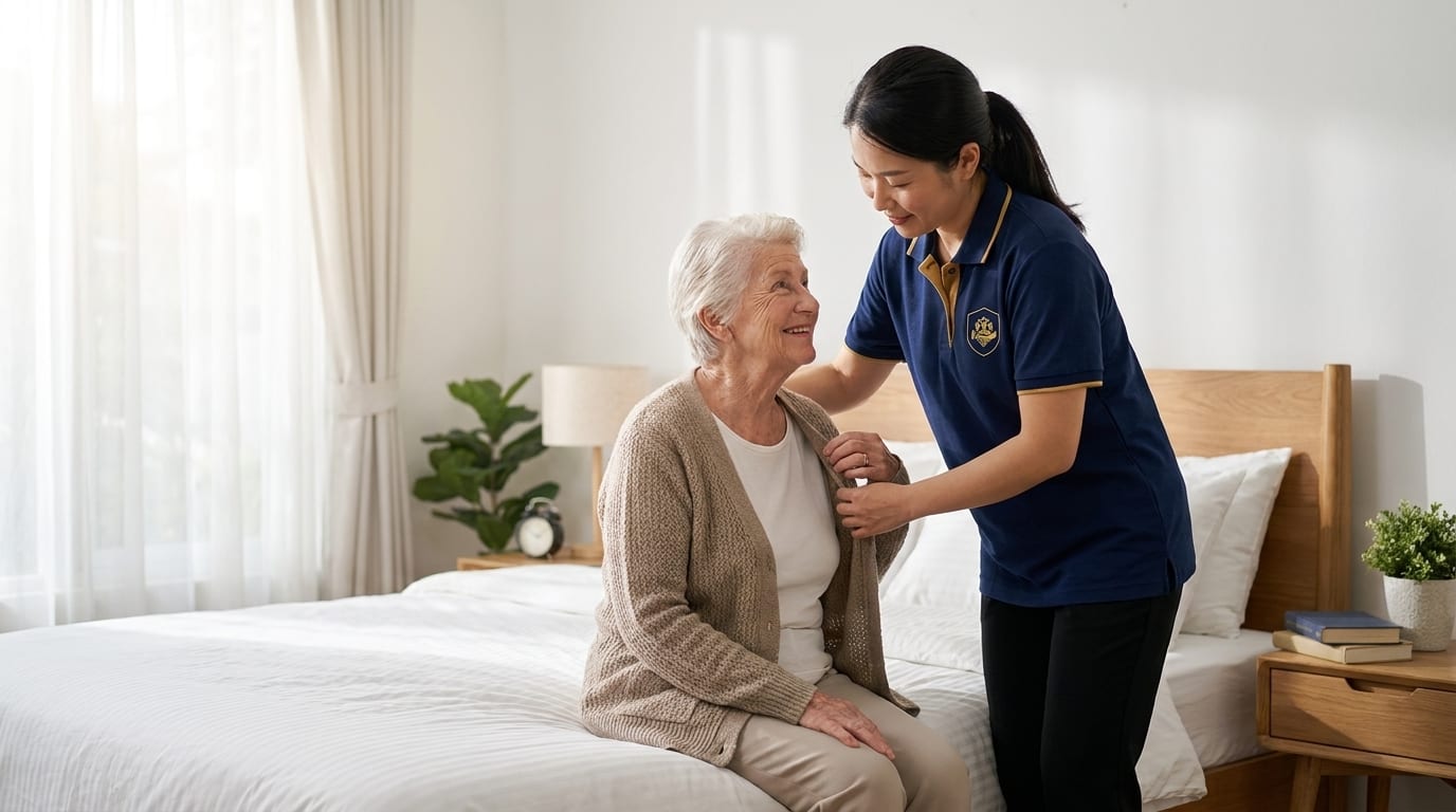 ISS carer in navy and gold uniform helping an elderly woman dress with dignity, personal care at home in South Essex