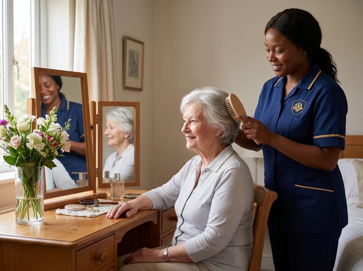 ISS carer gently brushing an elderly woman's hair during a personal care visit, respectful grooming support in South Essex