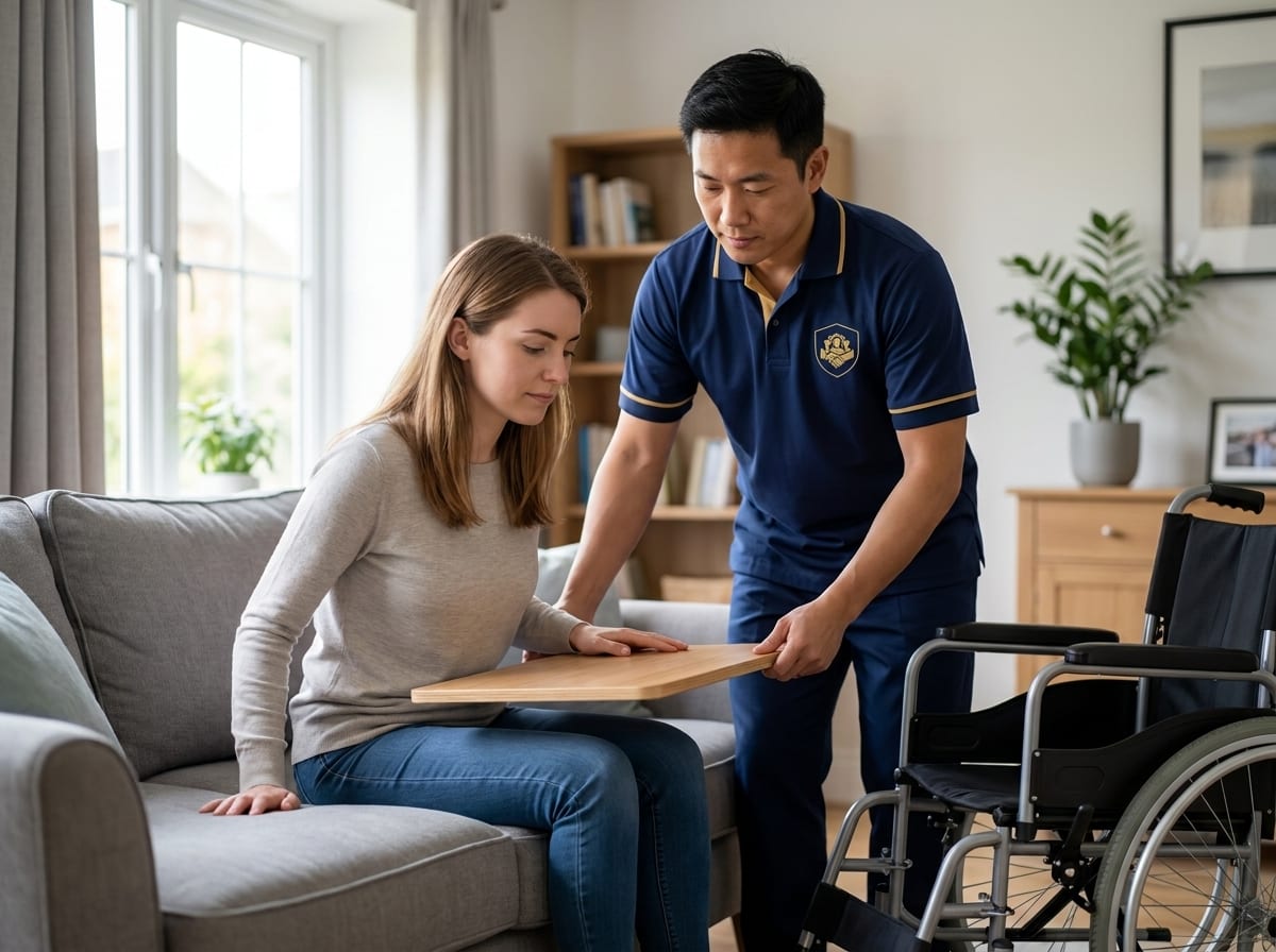 ISS carer assisting a woman leading her own safe transfer from wheelchair to sofa, trained moving and handling support in Essex