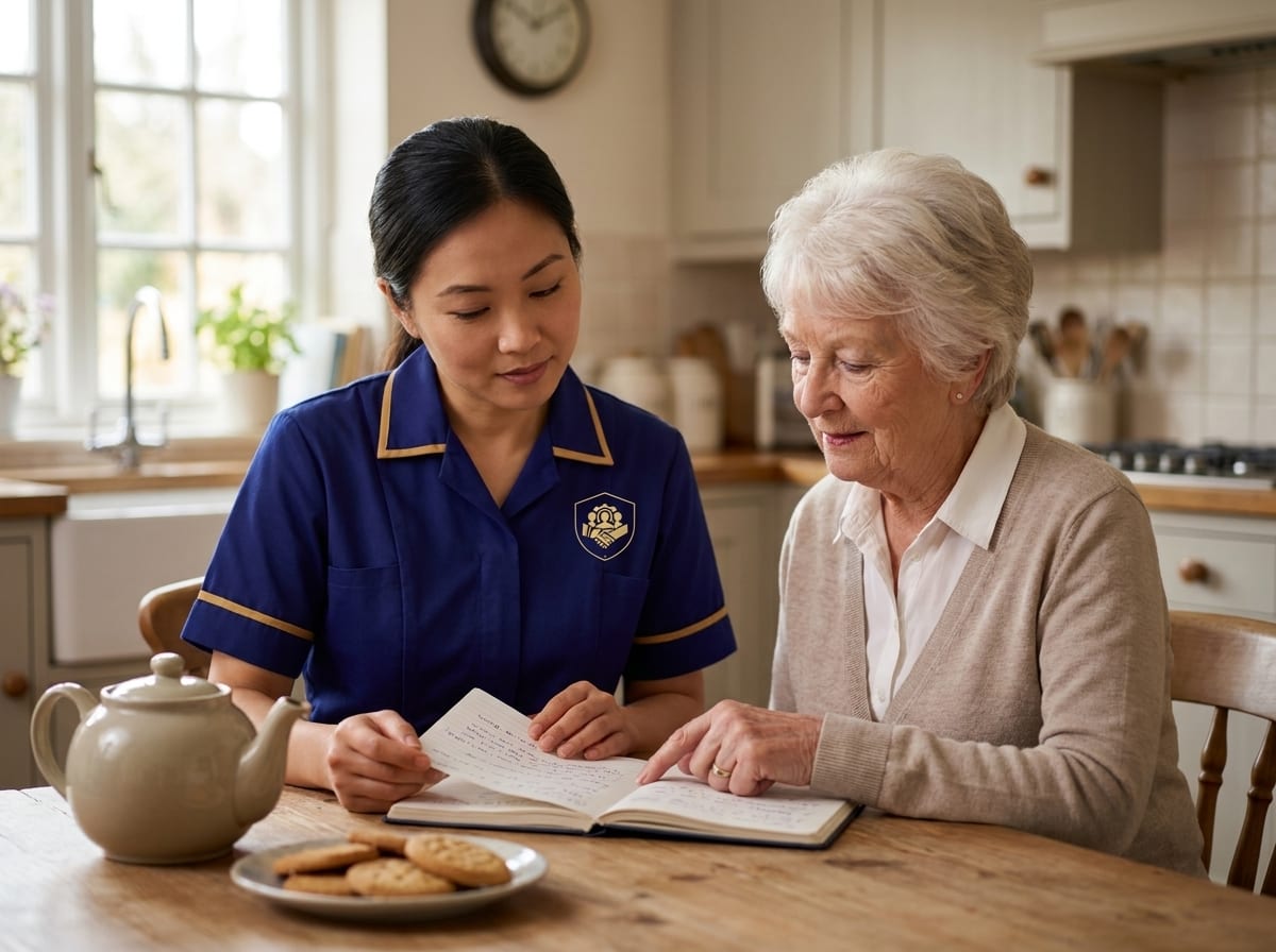 ISS carer reviewing familiar daily routines with an elderly woman during respite care, routines faithfully kept in South Essex