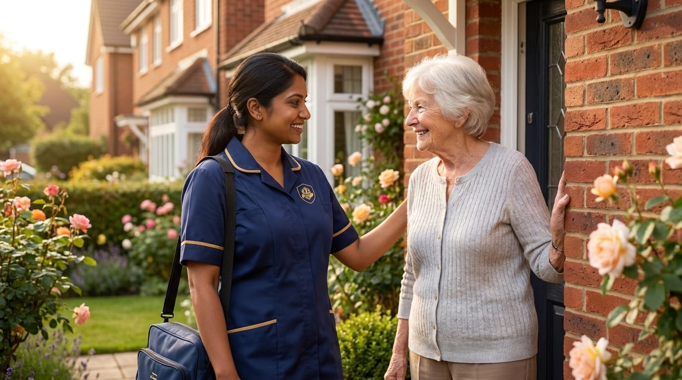 ISS visiting carer in navy and gold uniform welcomed at the door by an elderly woman, scheduled visiting care in South Essex