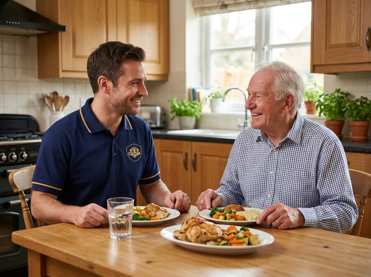 ISS carer sharing a freshly prepared lunch with an elderly man during a lunchtime care visit at home in Essex